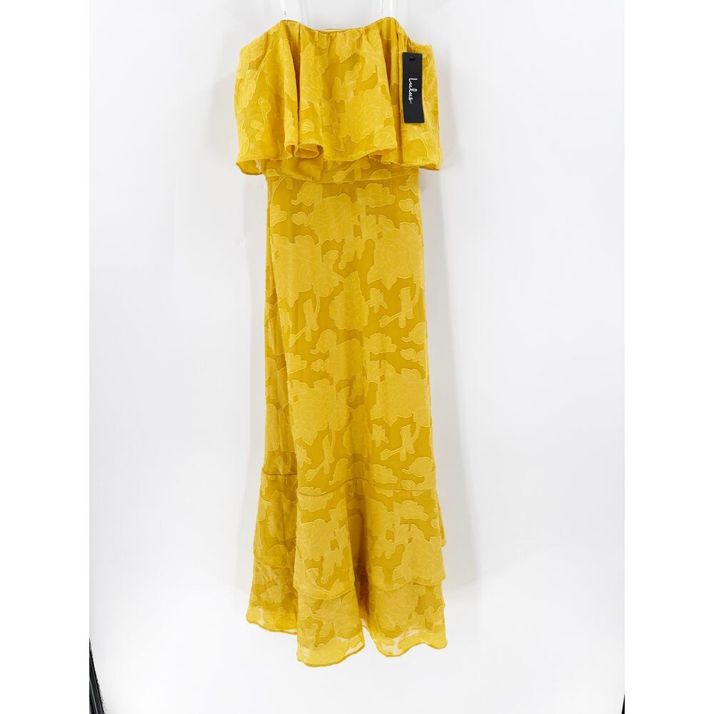Lulu's Canary Yellow Strapless Midi Dress with Ruffle Overlay